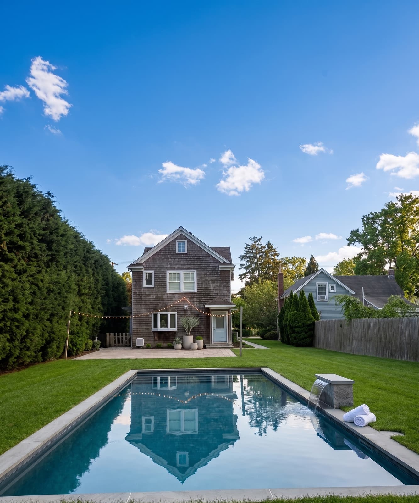 Custom gunite inground pool with sheer descent water feature behind a shingle-style Suffolk County home
