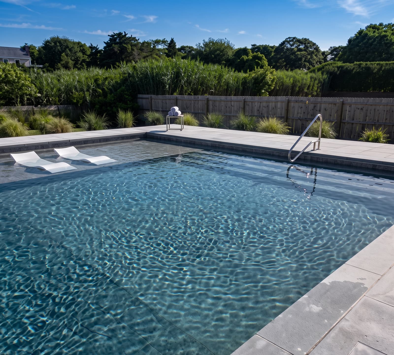 New gunite pool with in-water lounge chairs on a sun-shelf tanning ledge