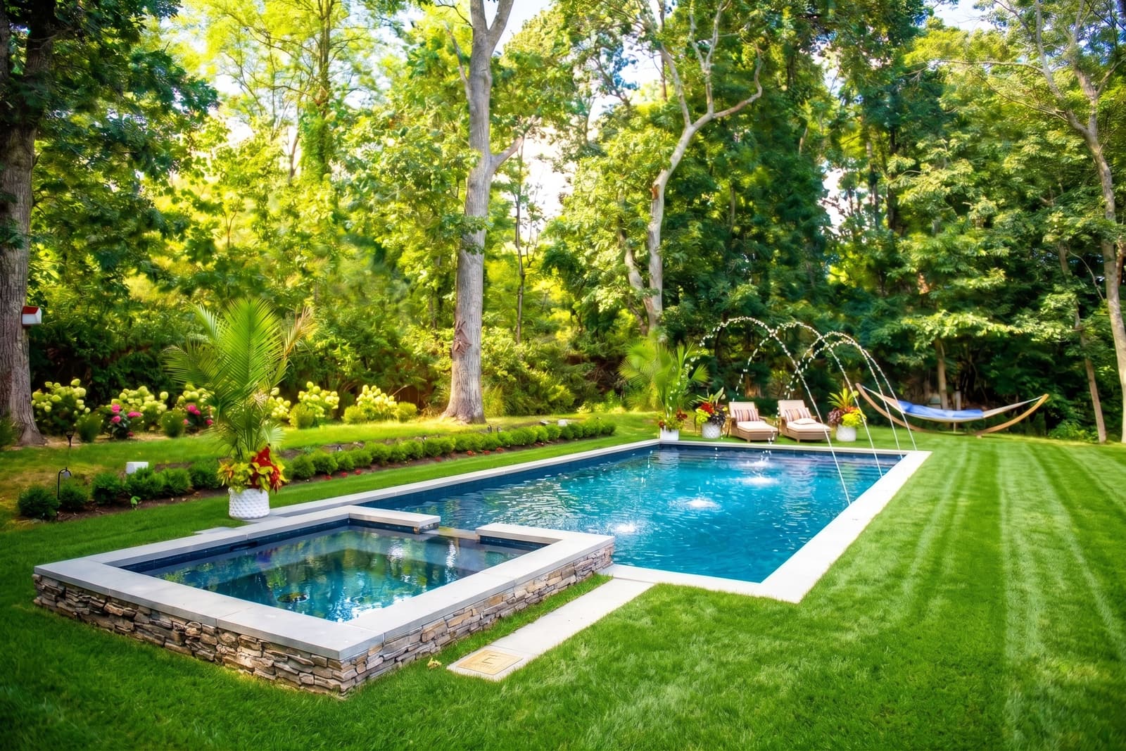 Raised spa spilling into the pool with arcing deck-jet water features
