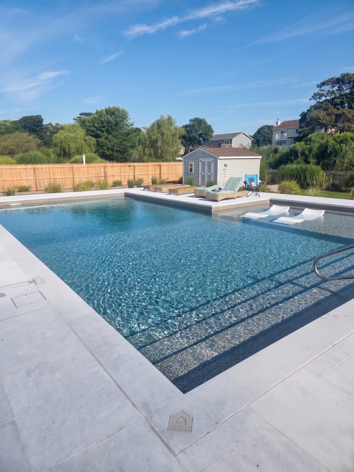 Renovated backyard pool with new liner and poolside loungers
